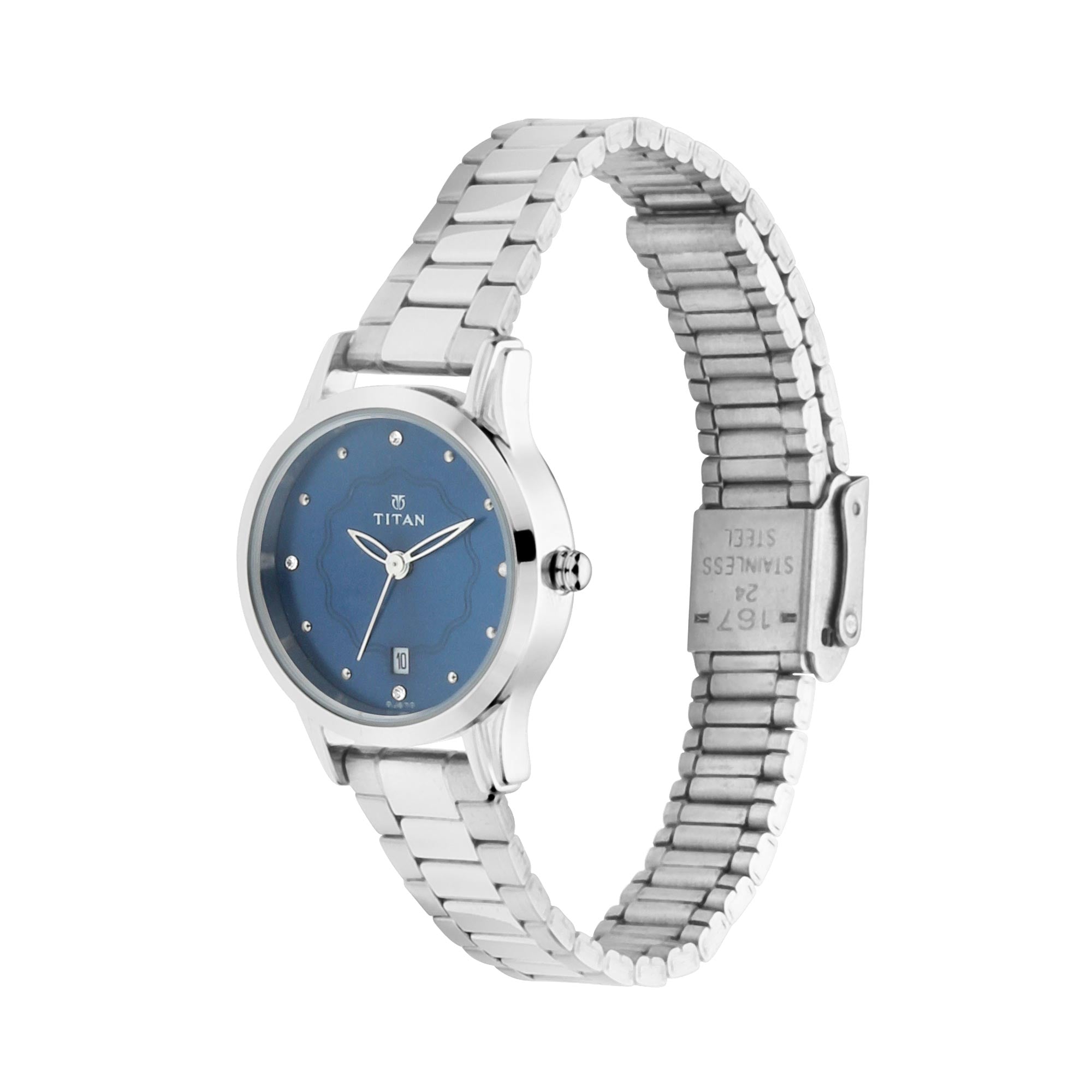 Titan Quartz Analog with Date Blue Dial Metal Strap Watch for Women