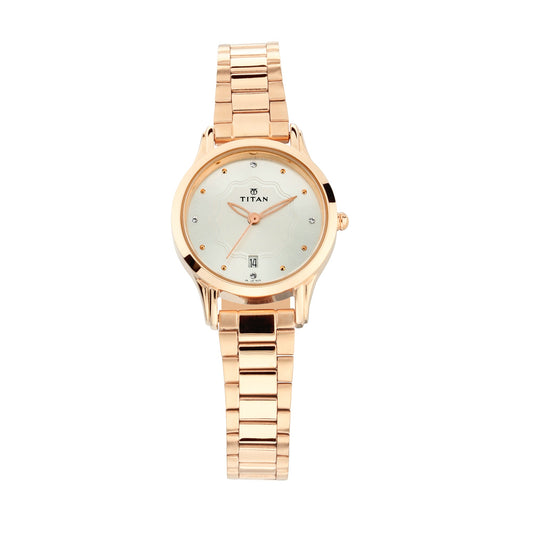 Titan Quartz Analog with Date Silver Dial Metal Strap Watch for Women