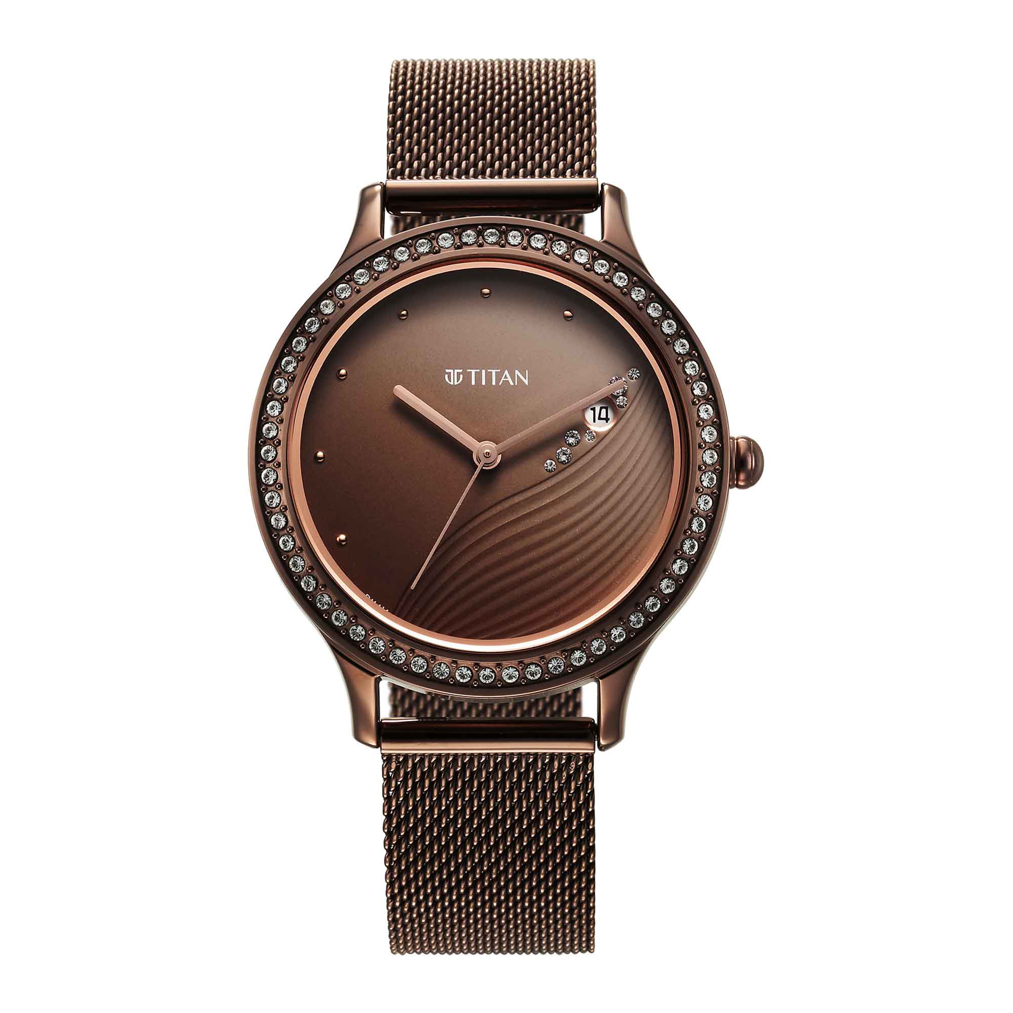 Titan Purple Glam It Up Brown Dial Analog with Date Stainless Steel Strap Watch for Women-2634QM01