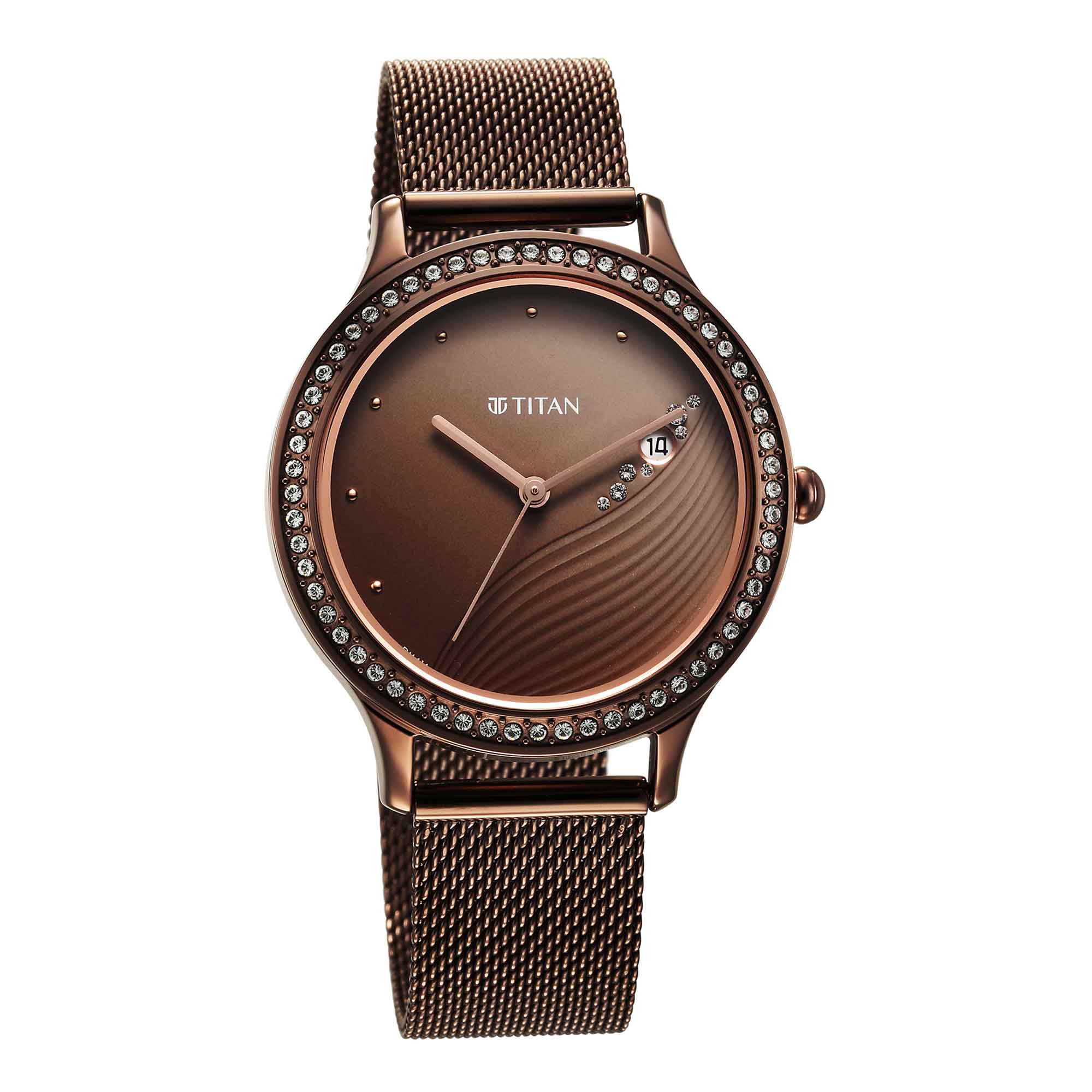 Titan Purple Glam It Up Brown Dial Analog with Date Stainless Steel Strap Watch for Women-2634QM01