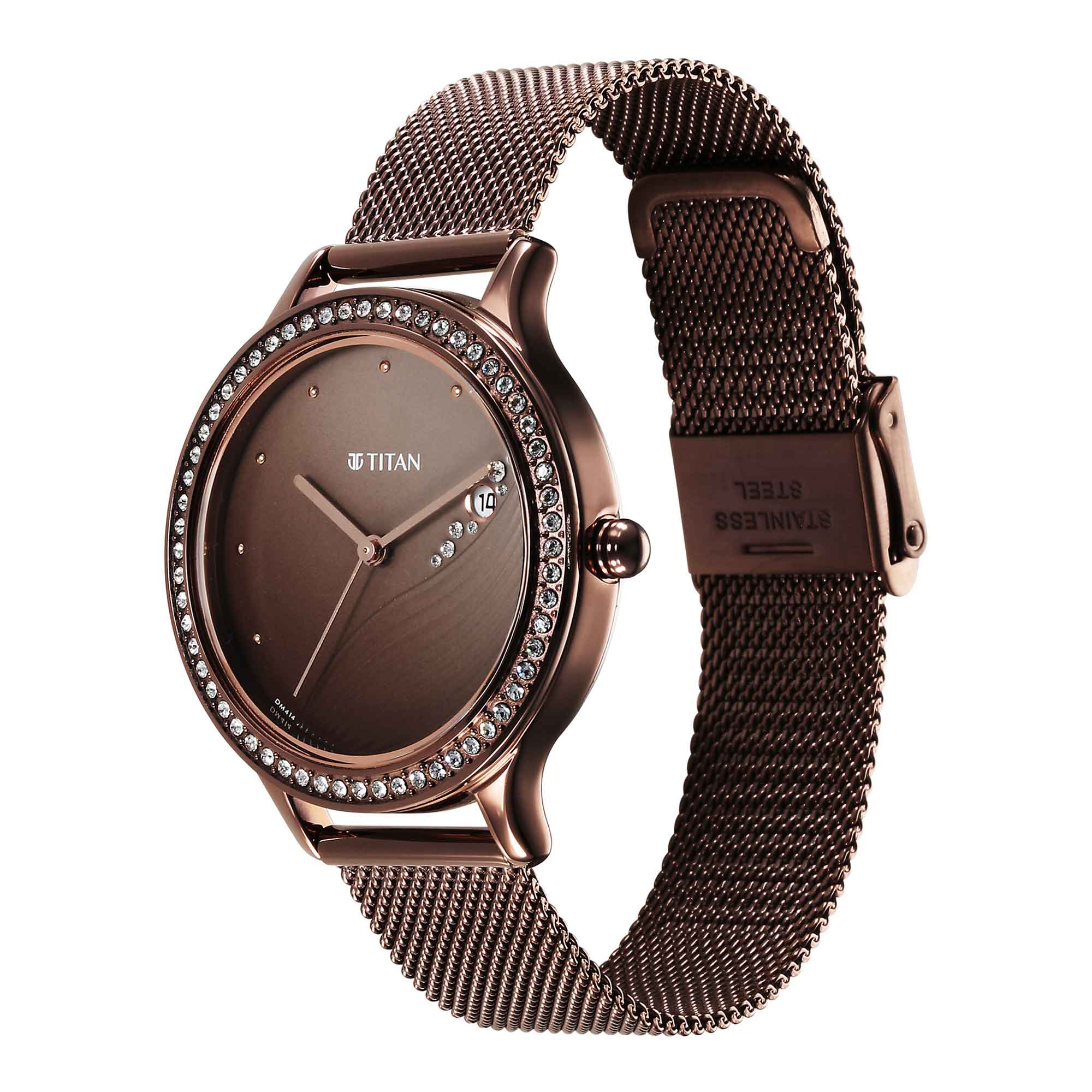 Titan Purple Glam It Up Brown Dial Analog with Date Stainless Steel Strap Watch for Women-2634QM01