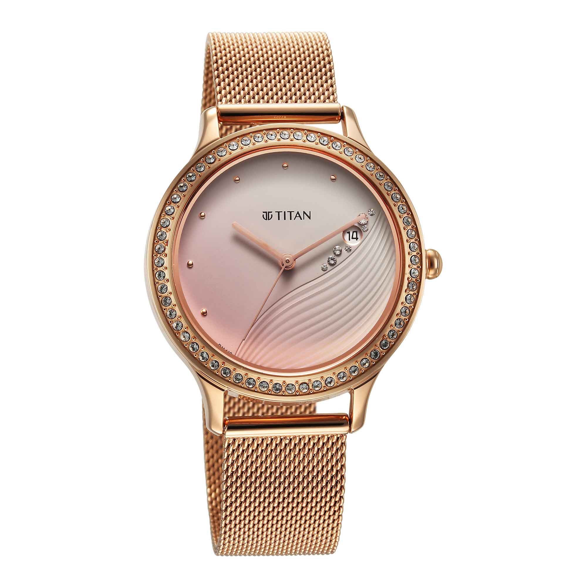 Titan Purple Glam It Up Pink Dial Analog with Date Stainless Steel Strap Watch for Women-2634WM05