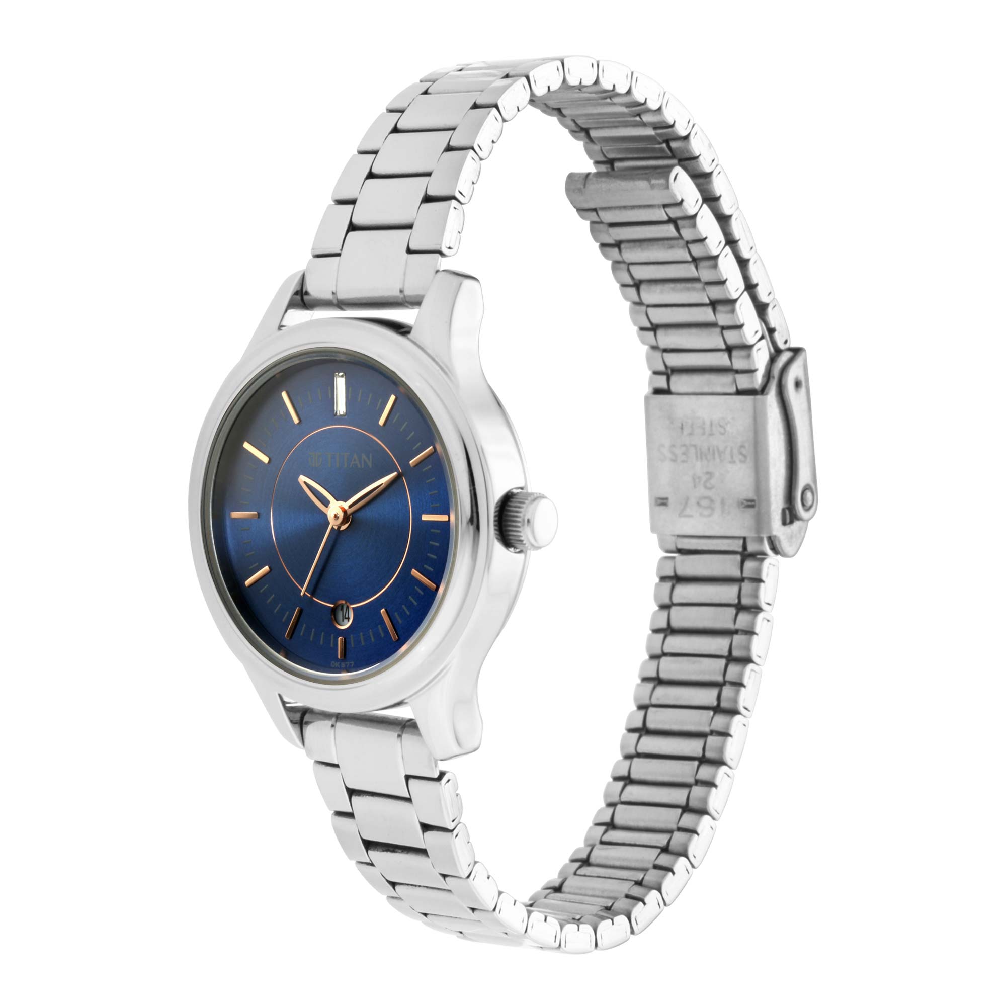 Titan Quartz Analog with Date Blue Dial Metal Strap Watch for Women