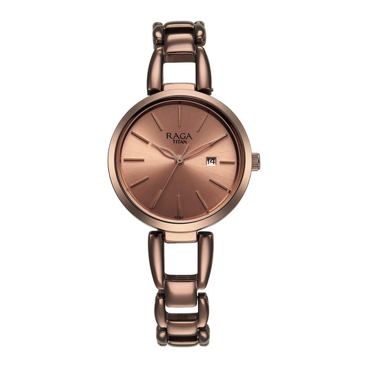 Titan Raga Viva Quartz Analog with Date Rose Gold Dial Brown Metal Strap Watch for Women-2642QM01