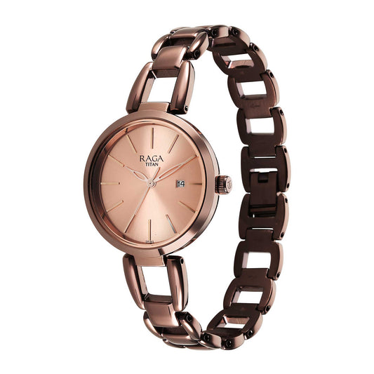 Titan Raga Viva Quartz Analog with Date Rose Gold Dial Brown Metal Strap Watch for Women-2642QM01