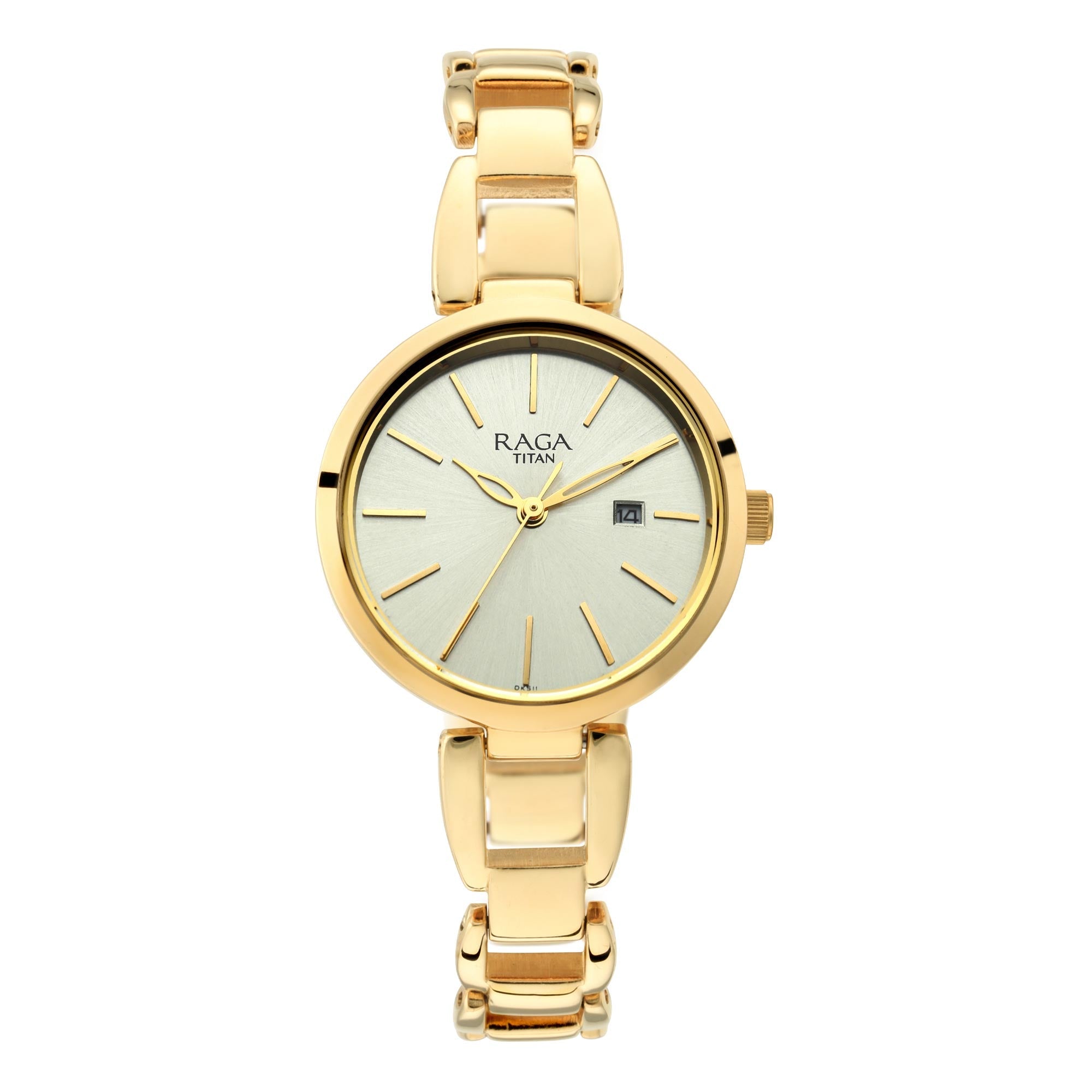 Titan Raga Viva Golden Dial Analog with Date Metal Strap Watch for Women