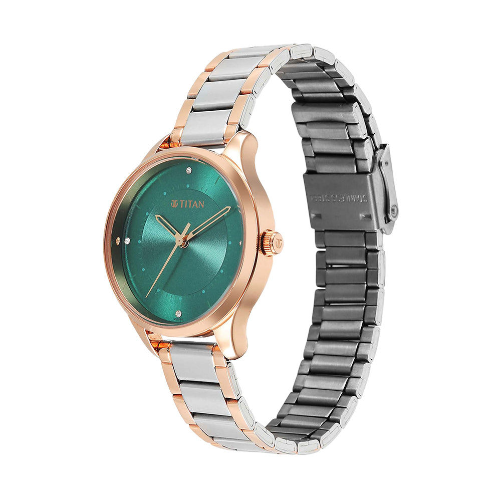 Titan Workwear Green Dial Stainless Steel Strap Watch for Women