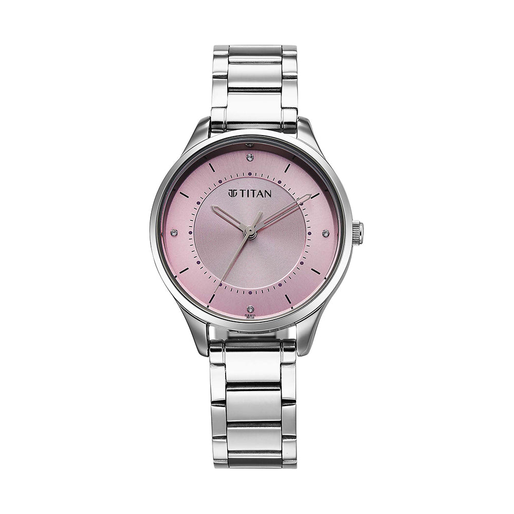 Titan Quartz Pink Dial Stainless Steel Strap Watch for Women