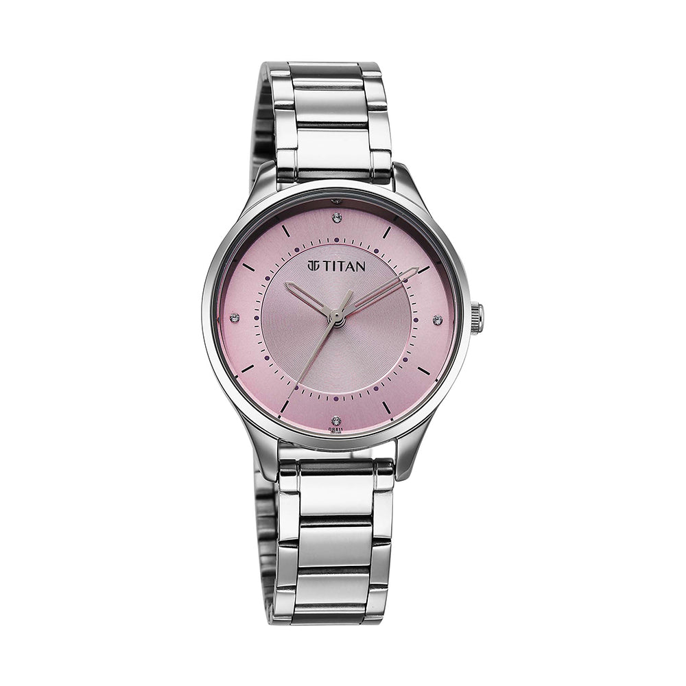 Titan Quartz Pink Dial Stainless Steel Strap Watch for Women