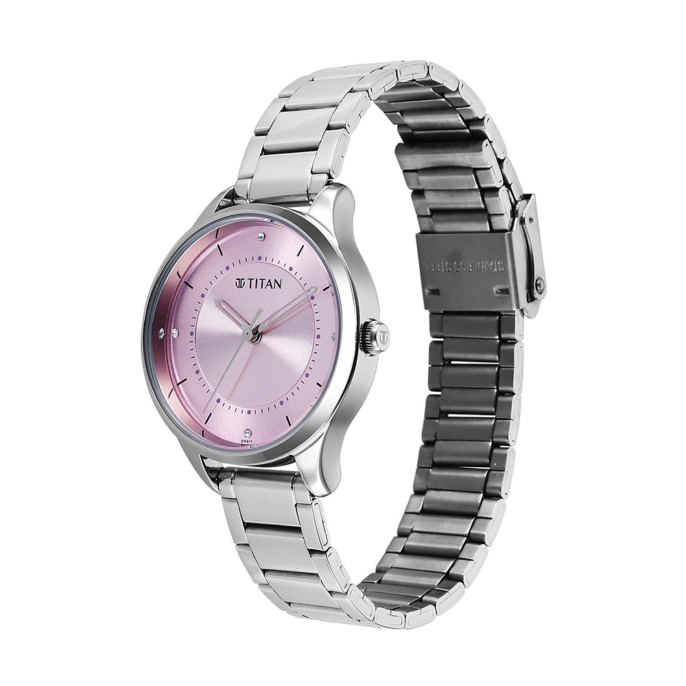 Titan Quartz Pink Dial Stainless Steel Strap Watch for Women
