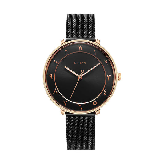 Titan Marhaba Black Dial Women Watch With Steel Mesh Strap