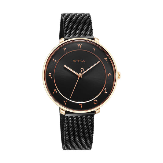 Titan Marhaba Black Dial Women Watch With Steel Mesh Strap