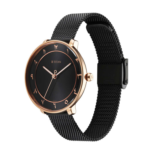 Titan Marhaba Black Dial Women Watch With Steel Mesh Strap