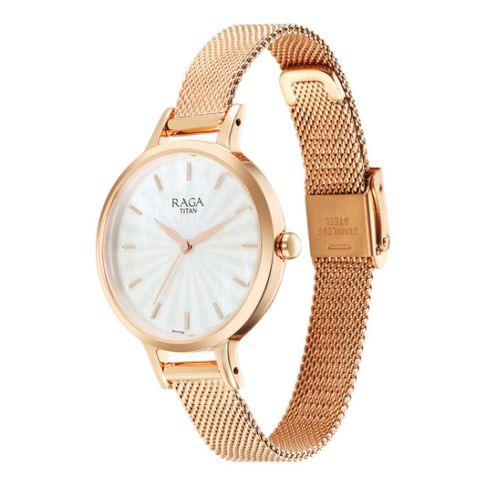 Titan Raga Power Pearls Quartz Analog Mother Of Pearl Dial Metal Strap Watch for Women-2666WM01