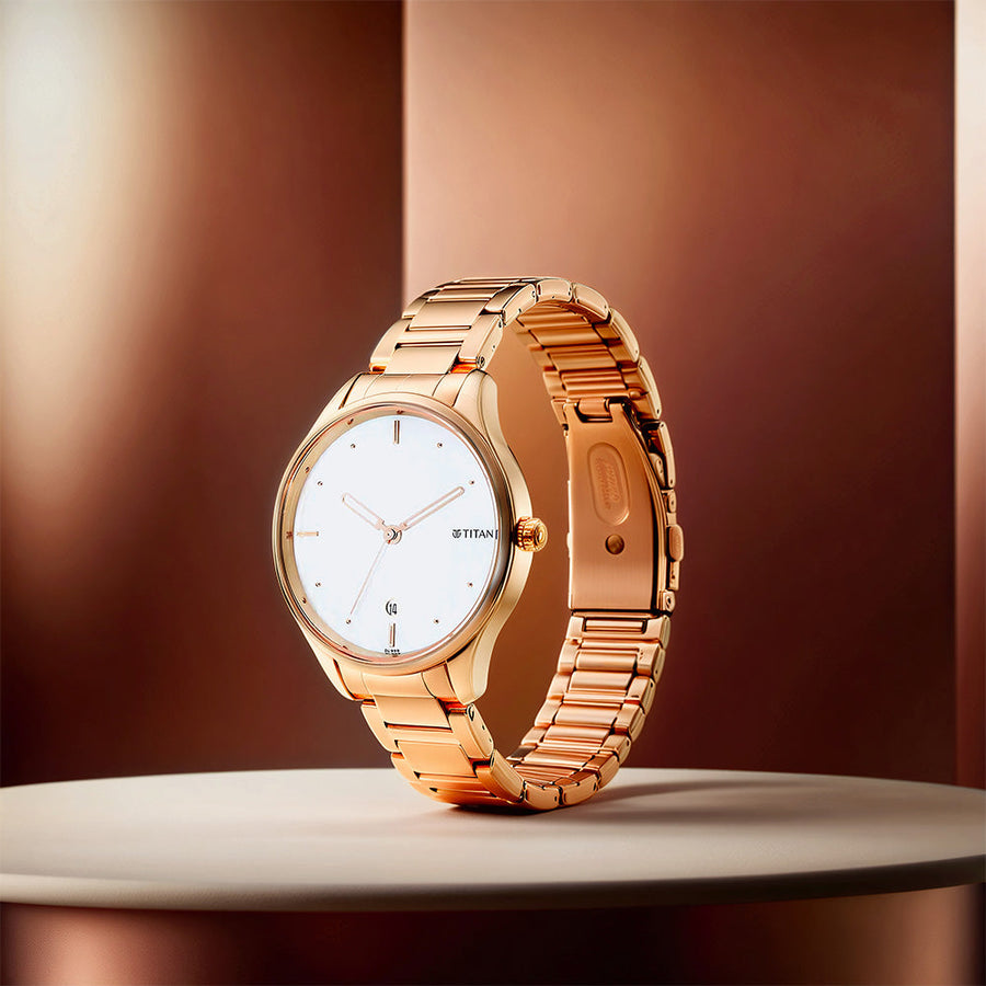 Jam Tangan Tali Logam Analog Titan Pastel Dreams Putih dengan Dail Induk Mutiara untuk Wanita