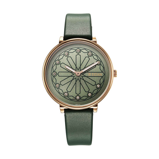 Titan Marhaba Green Dial Women Watch With Leather Strap Women Watch