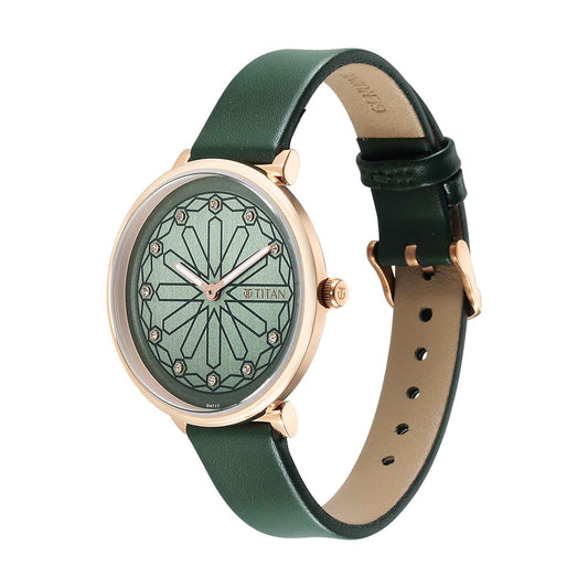 Titan Marhaba Green Dial Women Watch With Leather Strap Women Watch