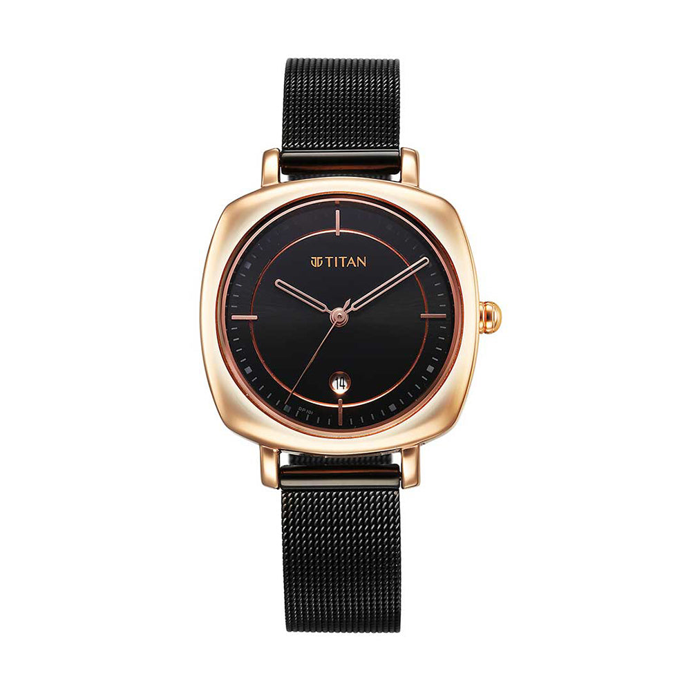 Titan Shaped Case Black Dial Metal Strap Watch for Women