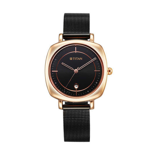 Titan Shaped Case Black Dial Metal Strap Watch for Women