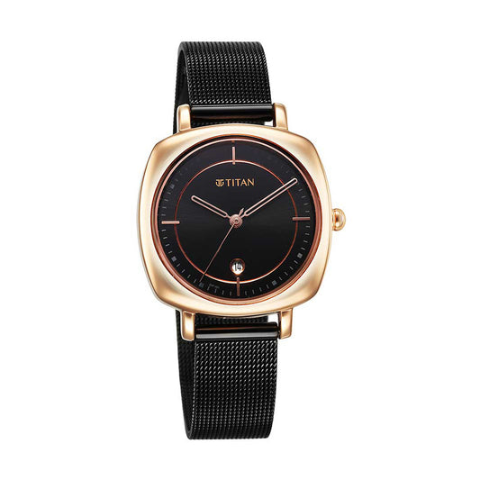 Titan Shaped Case Black Dial Metal Strap Watch for Women