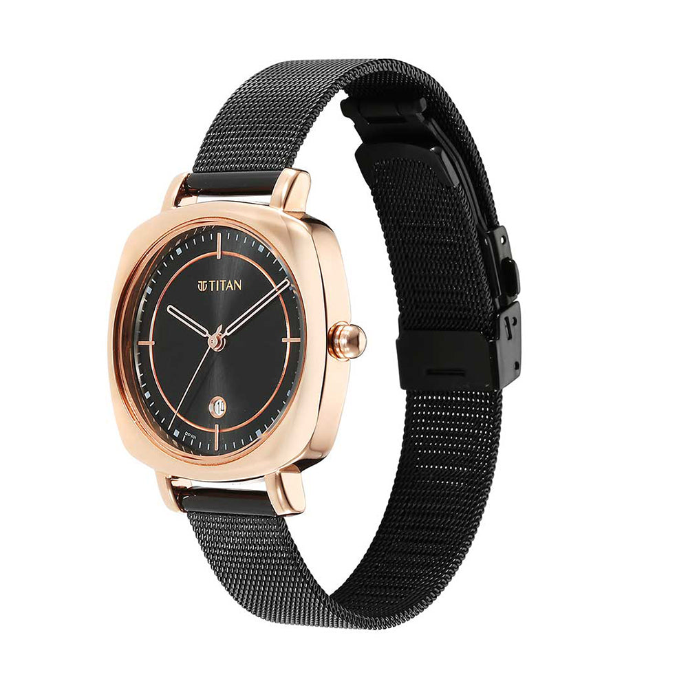 Titan Shaped Case Black Dial Metal Strap Watch for Women