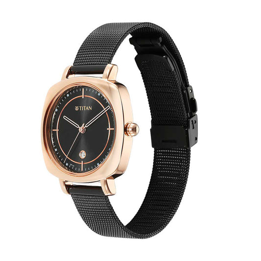 Titan Shaped Case Black Dial Metal Strap Watch for Women