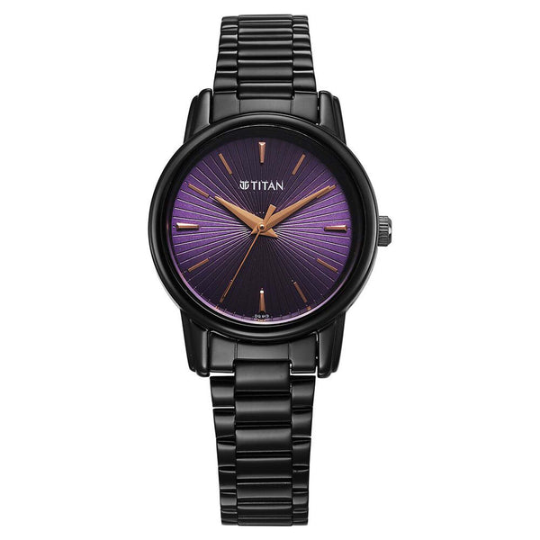 Titan Karishma Quartz Analog Purple Dial Black Stainless Steel Strap Watch For Women(2760NM01)