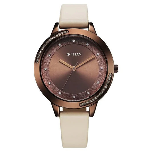 Titan Razzle Dazzle Quartz Analog Brown Dial Leather Strap Watch For Women (2764QL01)