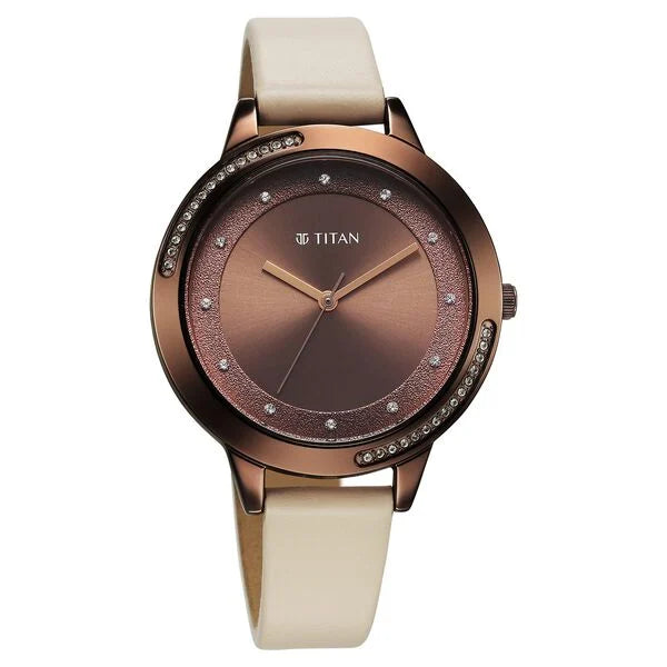 Titan Razzle Dazzle Quartz Analog Brown Dial Leather Strap Watch For Women (2764QL01)
