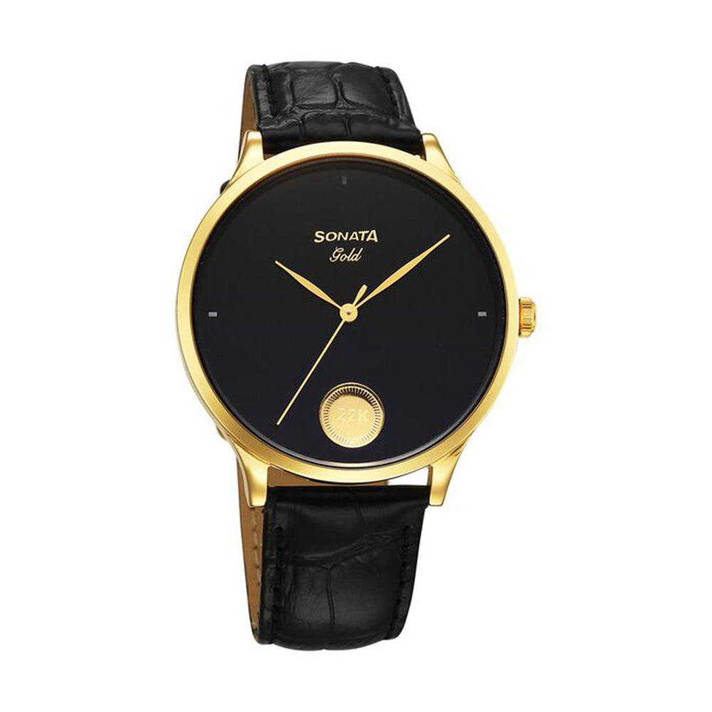 Sonata Gold Black Dial Leather Strap Watch for Men