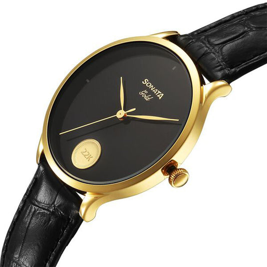 Sonata Gold Black Dial Leather Strap Watch for Men