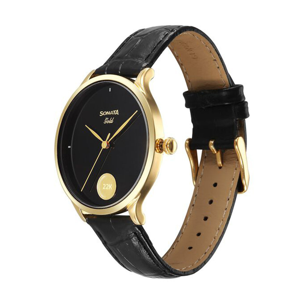 Sonata Gold Black Dial Leather Strap Watch for Men