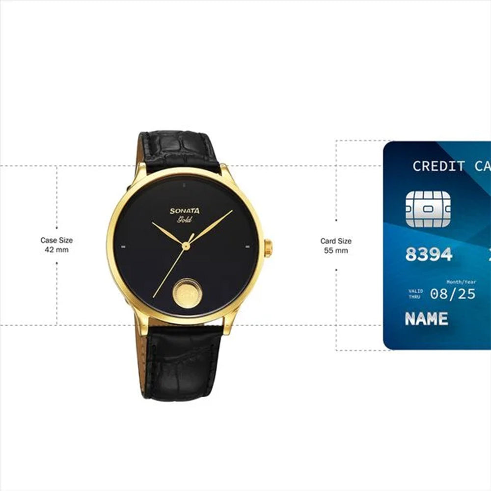 Sonata Gold Black Dial Leather Strap Watch for Men