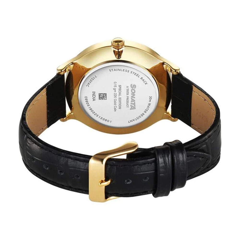 Sonata Gold Black Dial Leather Strap Watch for Men