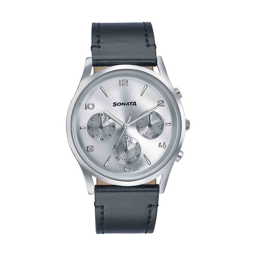 Sonata Wedding Edit Silver Dial Leather Strap Watch for Men