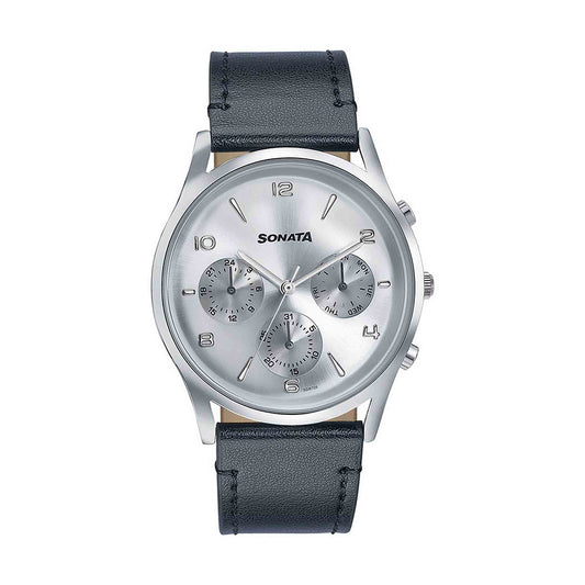 Sonata Wedding Edit Silver Dial Leather Strap Watch for Men