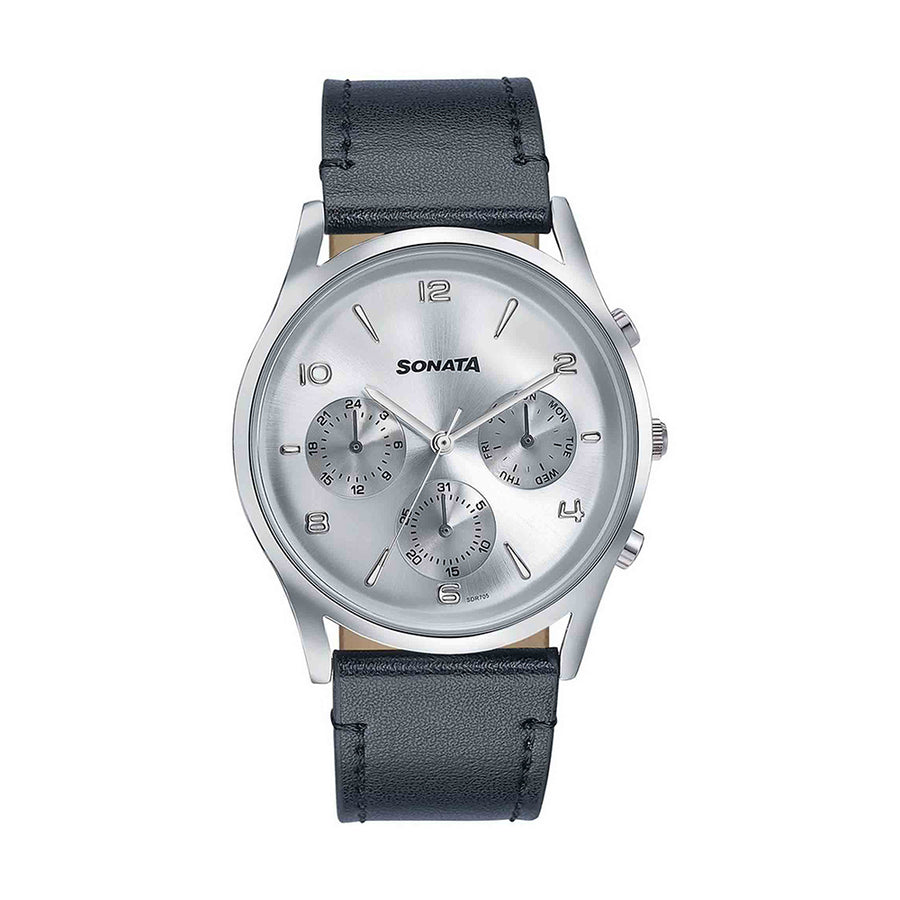 Sonata Wedding Edit Silver Dial Leather Strap Watch for Men