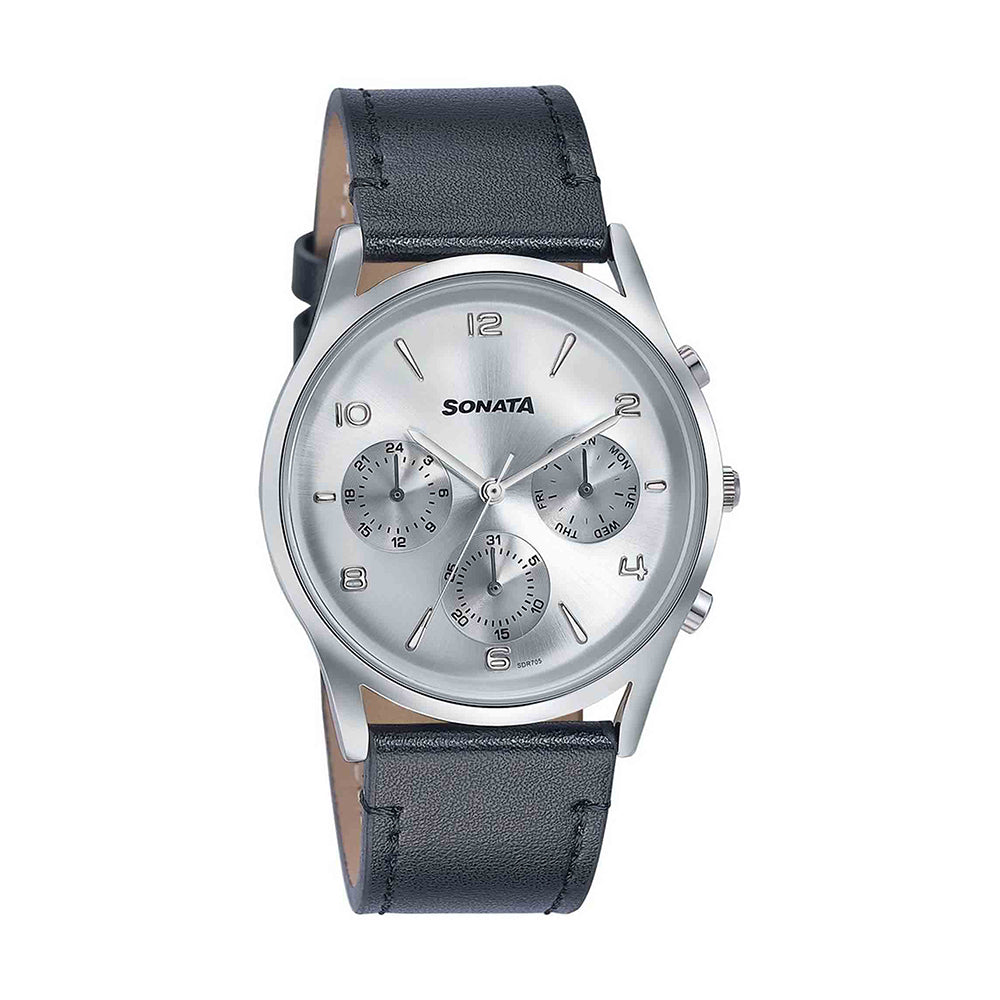Sonata Wedding Edit Silver Dial Leather Strap Watch for Men