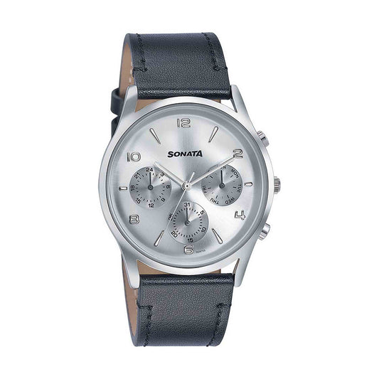 Sonata Wedding Edit Silver Dial Leather Strap Watch for Men