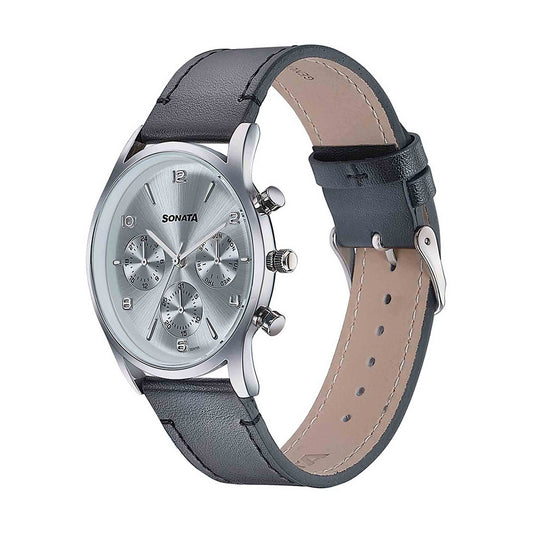 Sonata Wedding Edit Silver Dial Leather Strap Watch for Men