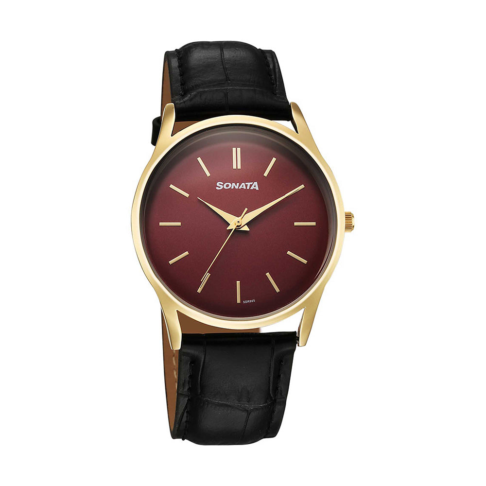 Sonata Eternia Maroon Dial Leather Strap Watch for Men