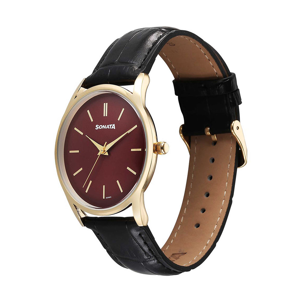 Sonata Eternia Maroon Dial Leather Strap Watch for Men