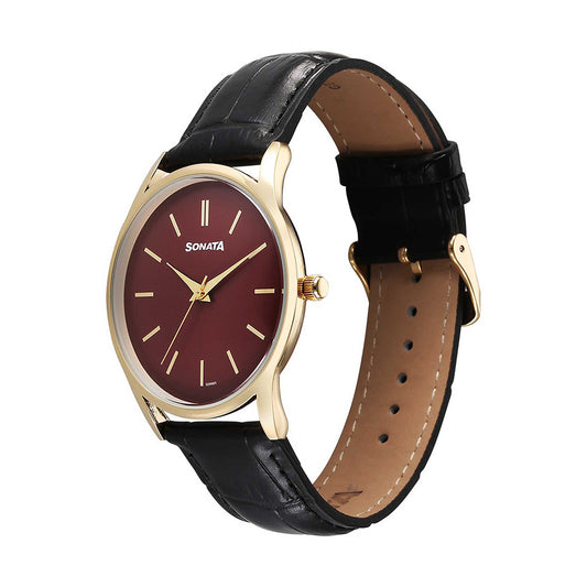 Sonata Eternia Maroon Dial Leather Strap Watch for Men