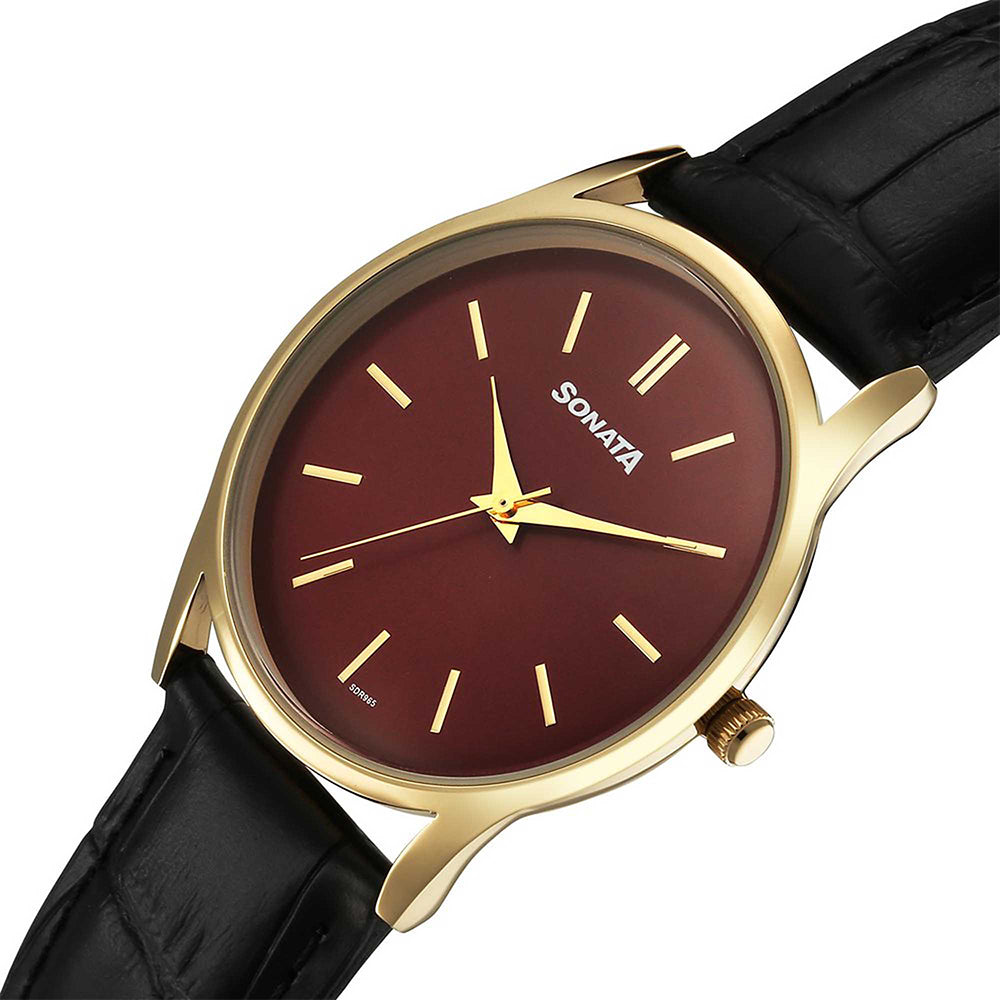 Sonata Eternia Maroon Dial Leather Strap Watch for Men