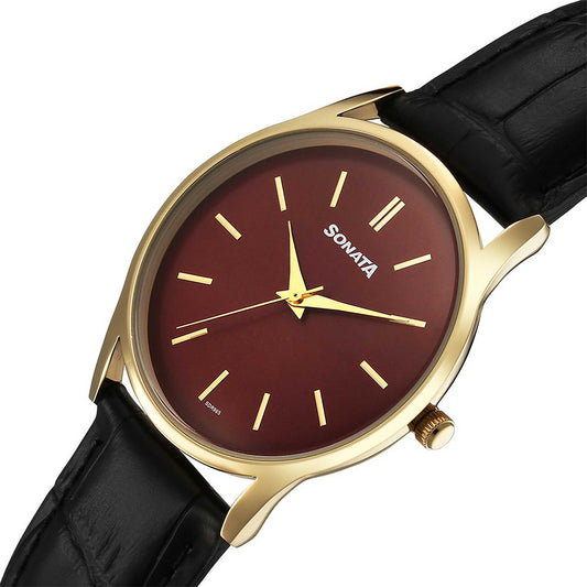 Sonata Eternia Maroon Dial Leather Strap Watch for Men