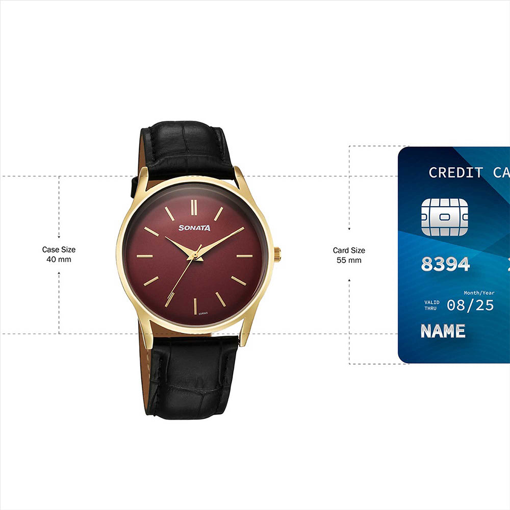 Sonata Eternia Maroon Dial Leather Strap Watch for Men