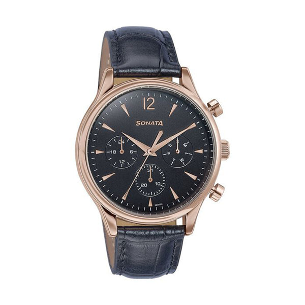 Sonata Wedding Edit Black Dial Leather Strap Watch for Men