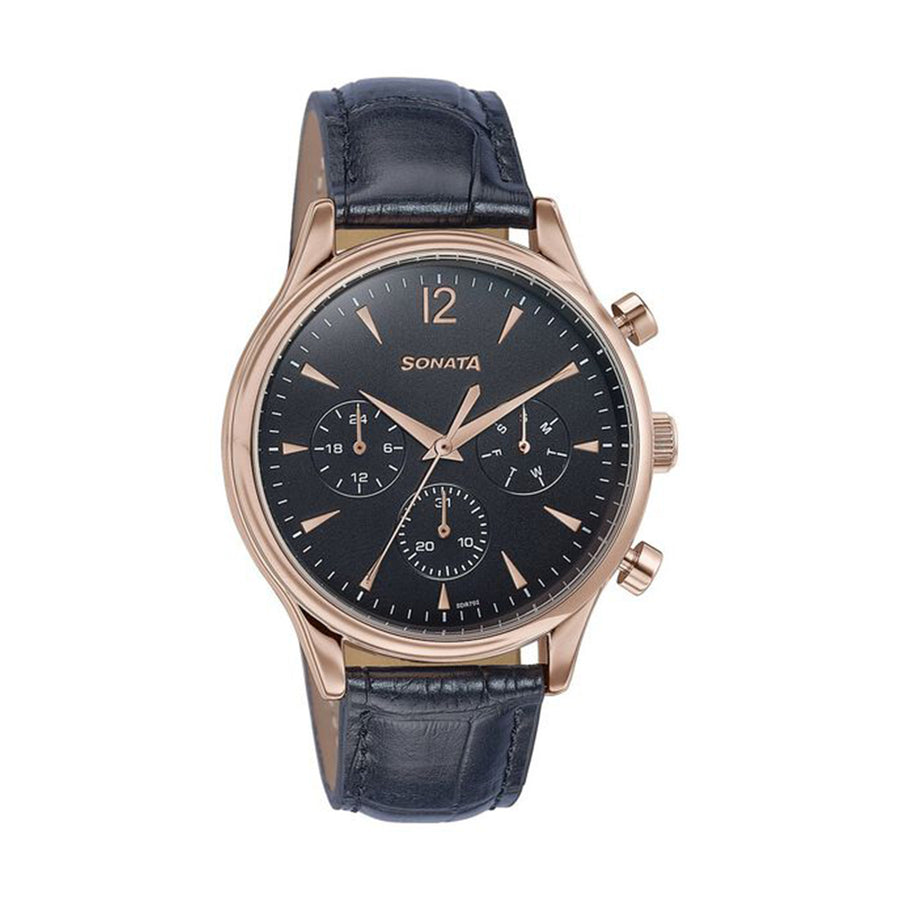Sonata Wedding Edit Black Dial Leather Strap Watch for Men