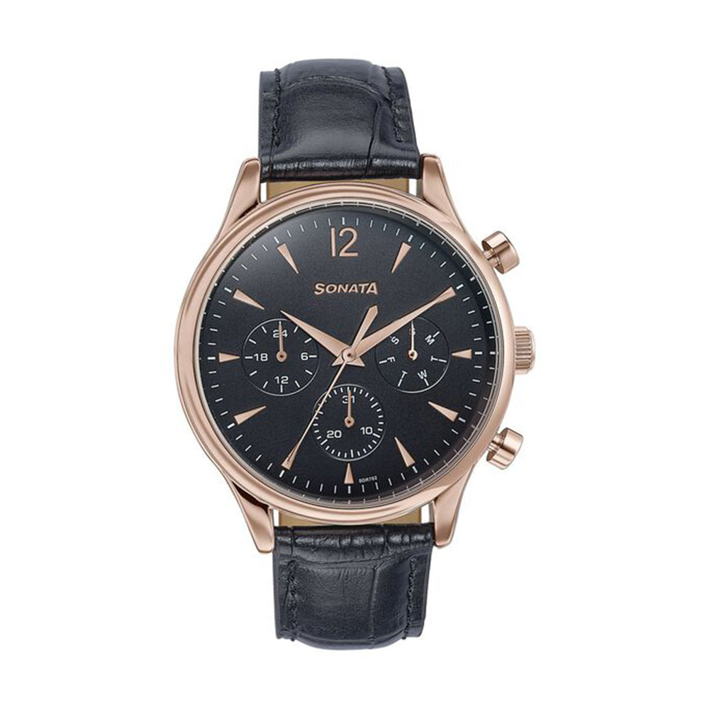 Sonata Wedding Edit Black Dial Leather Strap Watch for Men