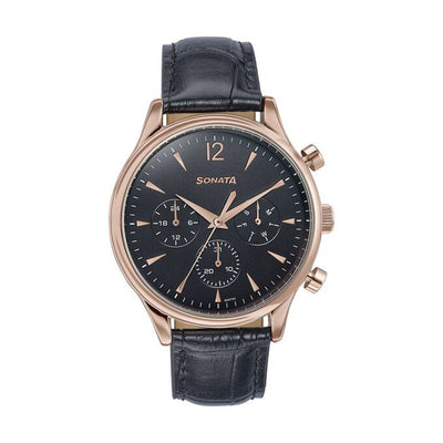 Sonata Wedding Edit Black Dial Leather Strap Watch for Men